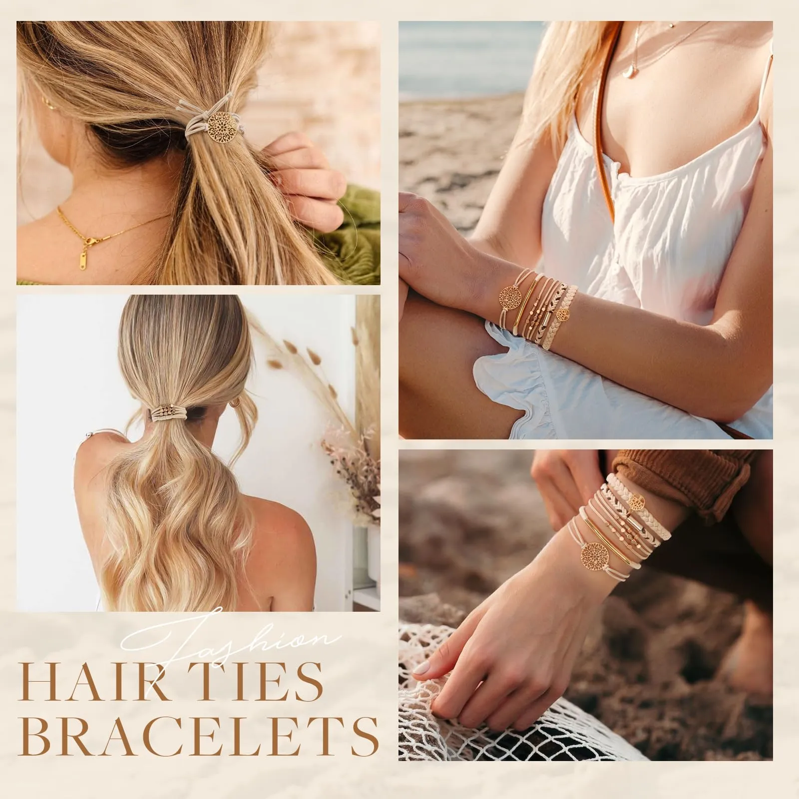 10 Boho Bracelets, Braided & Stretch Hair Ties for Thick/Thin Hair, 5 Styles, Light Coffee Colors - No Damage Ponytail Holders