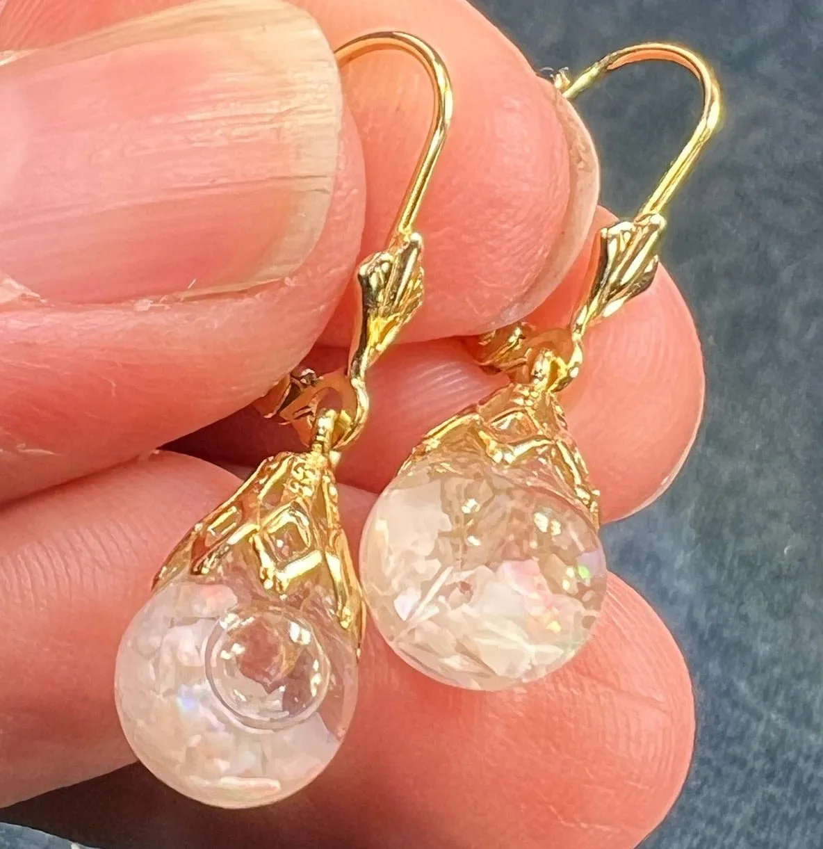 14k Gold Australian Subtle "Floating OPAL" Snow Globe Earrings *Video*