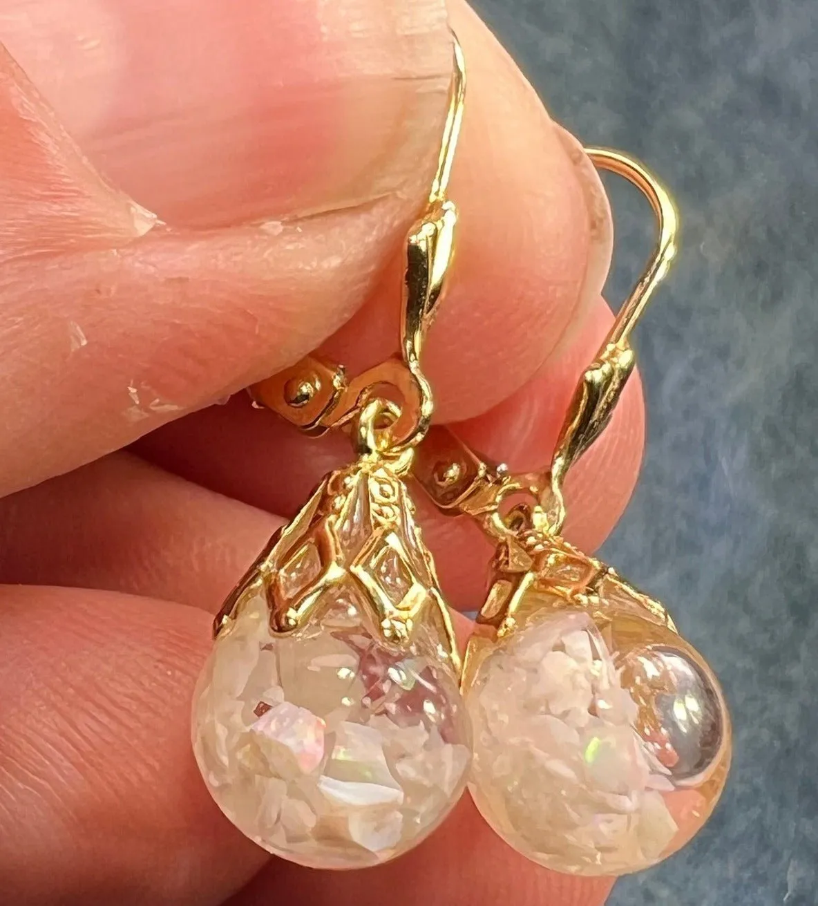 14k Gold Australian Subtle "Floating OPAL" Snow Globe Earrings *Video*