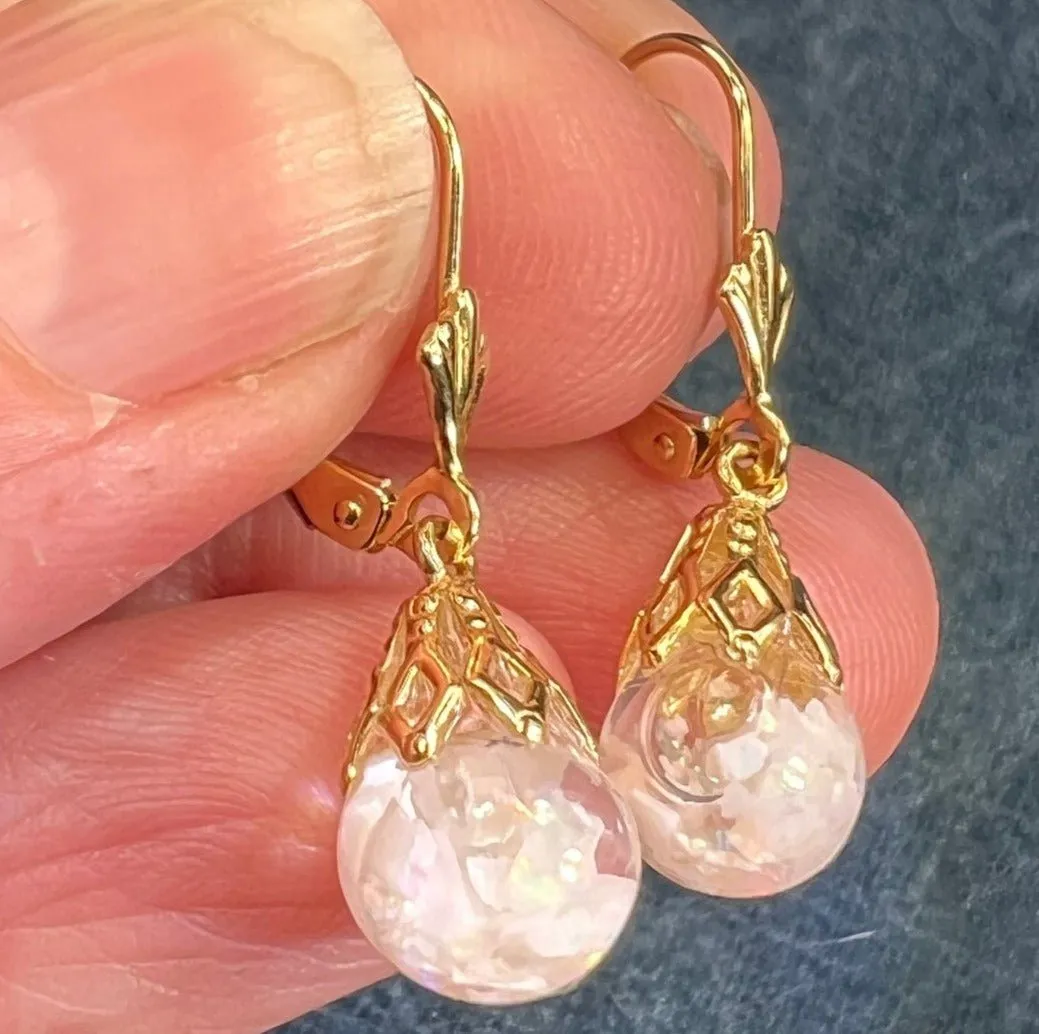 14k Gold Australian Subtle "Floating OPAL" Snow Globe Earrings *Video*