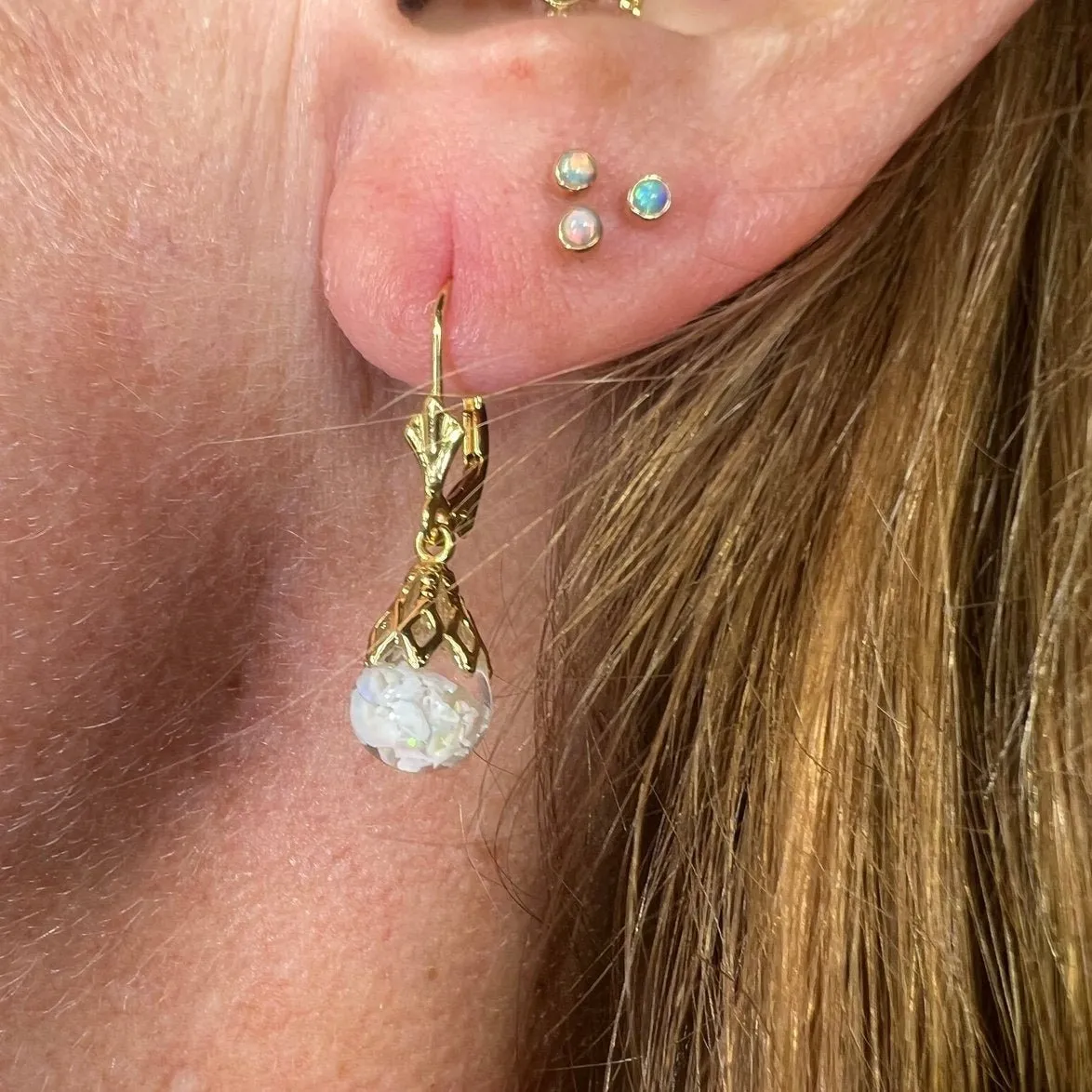 14k Gold Australian Subtle "Floating OPAL" Snow Globe Earrings *Video*