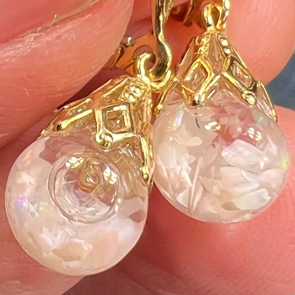 14k Gold Australian Subtle "Floating OPAL" Snow Globe Earrings *Video*