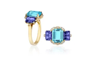 3 Stone Blue Topaz and Tanzanite Emerald Cut Ring with Diamonds