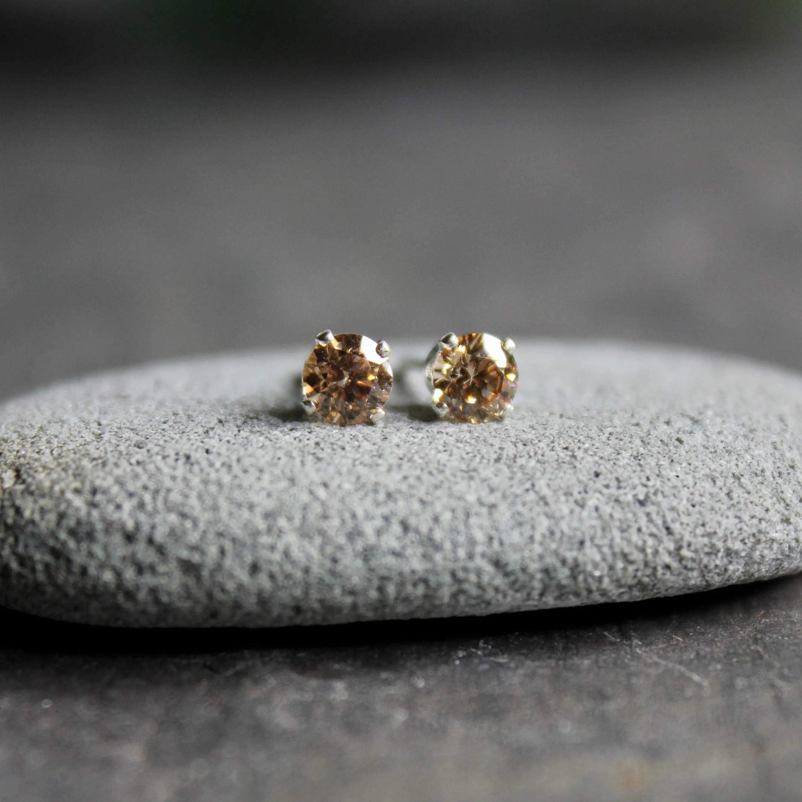 4mm Sterling Silver Champagne CZ Stud Earrings
