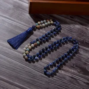 8mm Amazonite Sodalite Beaded Knotted 108 Mala Necklace Meditation