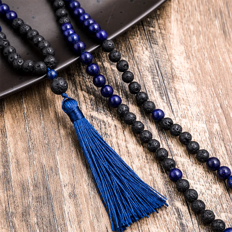8mm Black Lava Stone Lapis Lazuli Beaded Necklace Meditation