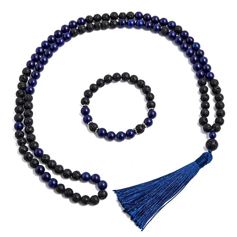 8mm Black Lava Stone Lapis Lazuli Beaded Necklace Meditation