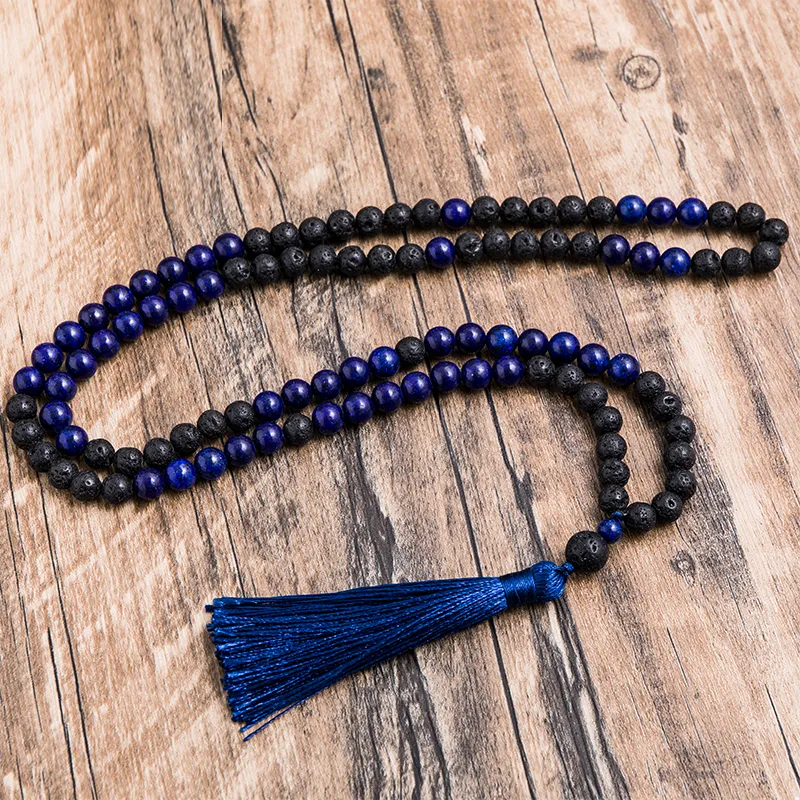 8mm Black Lava Stone Lapis Lazuli Beaded Necklace Meditation