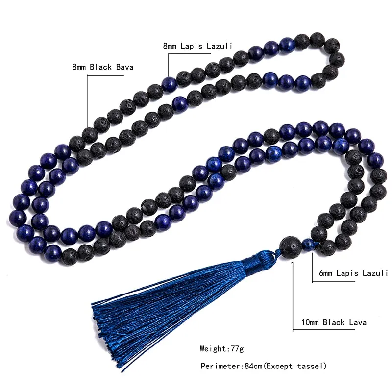 8mm Black Lava Stone Lapis Lazuli Beaded Necklace Meditation
