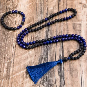 8mm Black Lava Stone Lapis Lazuli Beaded Necklace Meditation