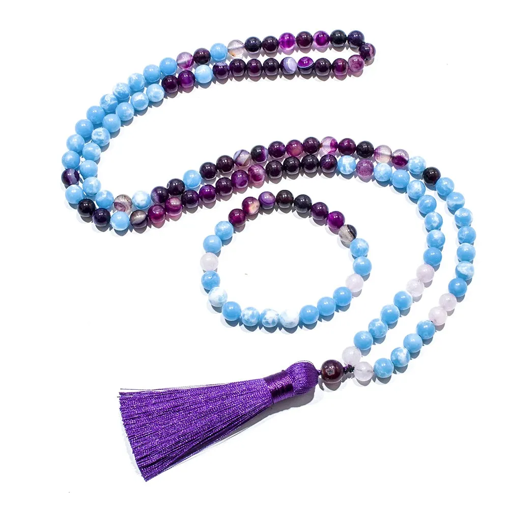 8mm Larimar Purple Striped Agate Beads 108 Mala Necklace Meditation Yoga Prayer Jewelry Japamala Set