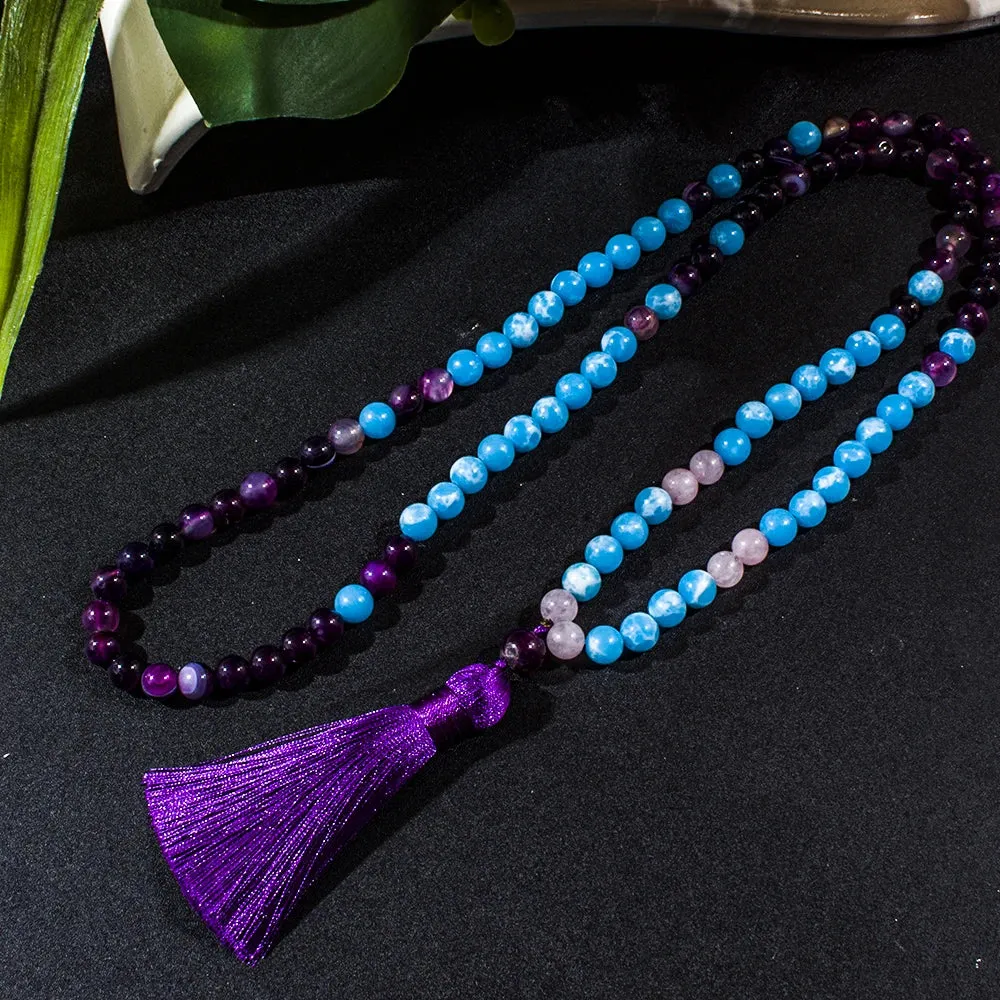 8mm Larimar Purple Striped Agate Beads 108 Mala Necklace Meditation Yoga Prayer Jewelry Japamala Set