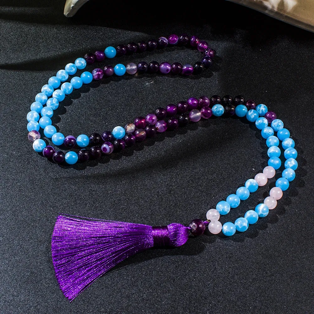 8mm Larimar Purple Striped Agate Beads 108 Mala Necklace Meditation Yoga Prayer Jewelry Japamala Set