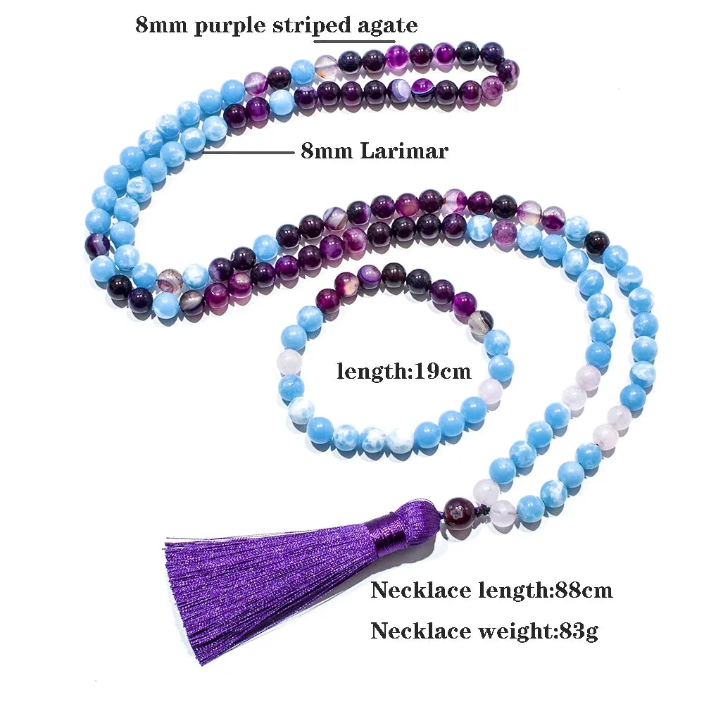 8mm Larimar Purple Striped Agate Beads 108 Mala Necklace Meditation Yoga Prayer Jewelry Japamala Set