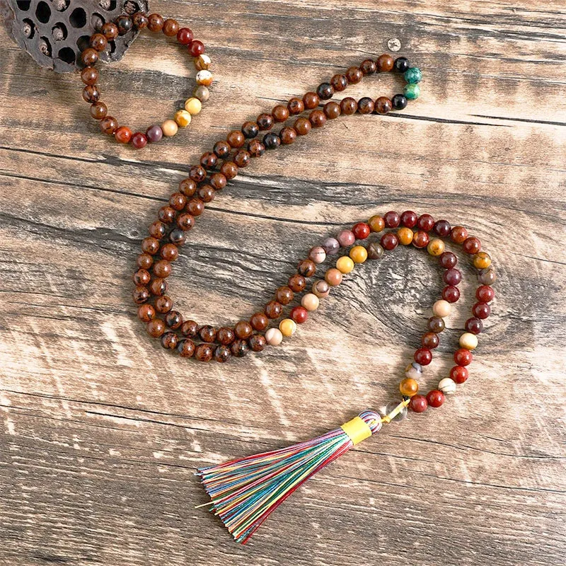 8mm Natural Mahogang Obsidian and Mookaite Necklace Japa Mala Set