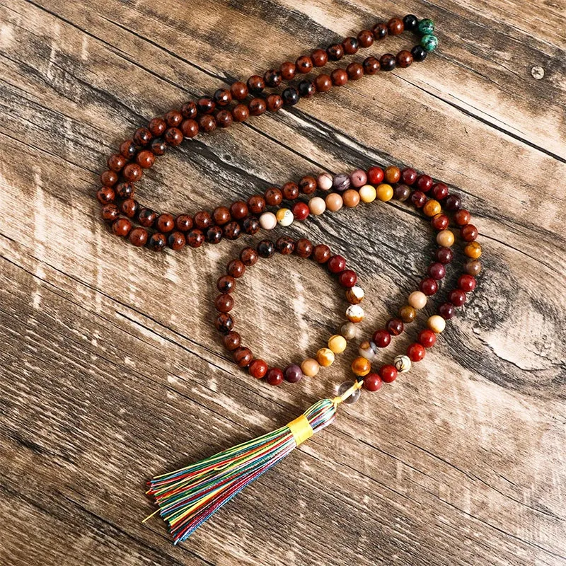 8mm Natural Mahogang Obsidian and Mookaite Necklace Japa Mala Set