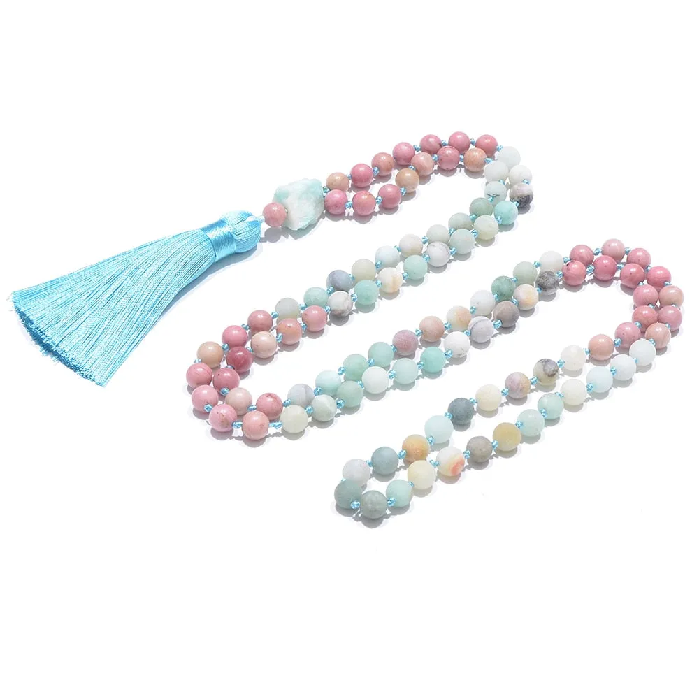 8mm Red Rhodochrosite Amazonite Beads Knotted 108 Mala Necklace