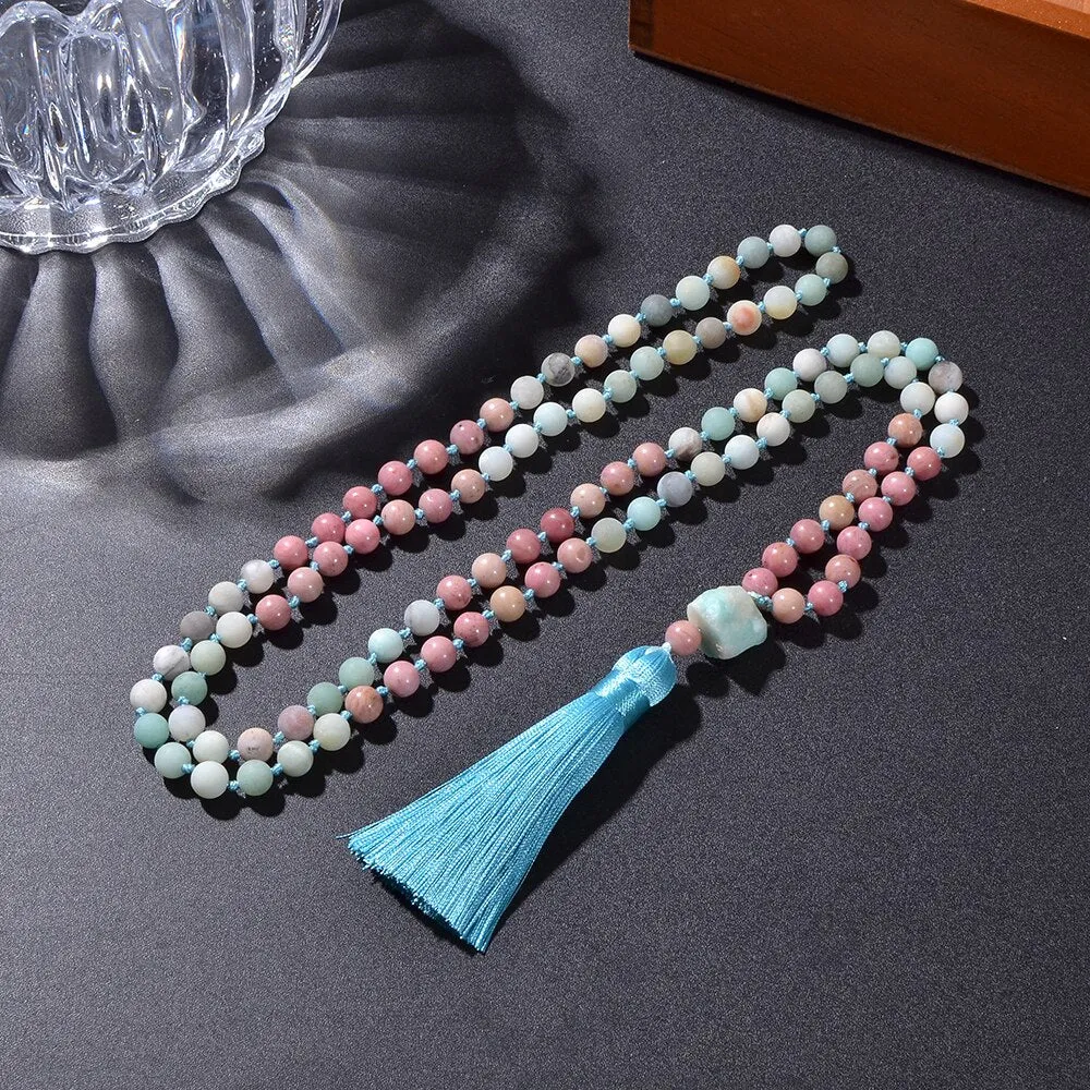 8mm Red Rhodochrosite Amazonite Beads Knotted 108 Mala Necklace