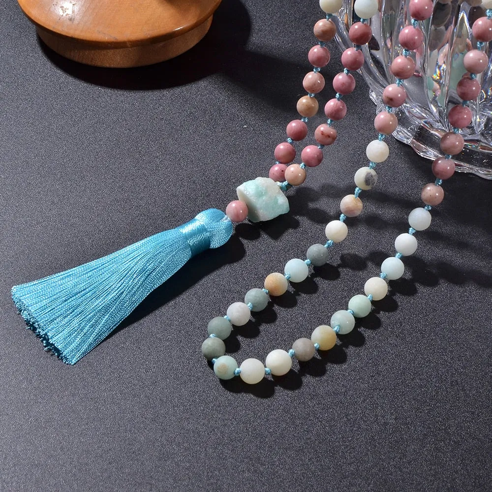 8mm Red Rhodochrosite Amazonite Beads Knotted 108 Mala Necklace