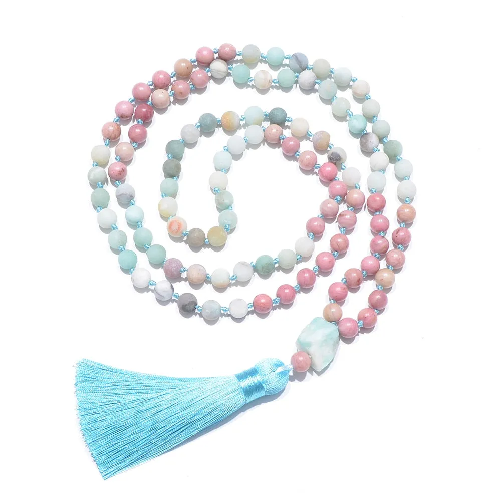 8mm Red Rhodochrosite Amazonite Beads Knotted 108 Mala Necklace