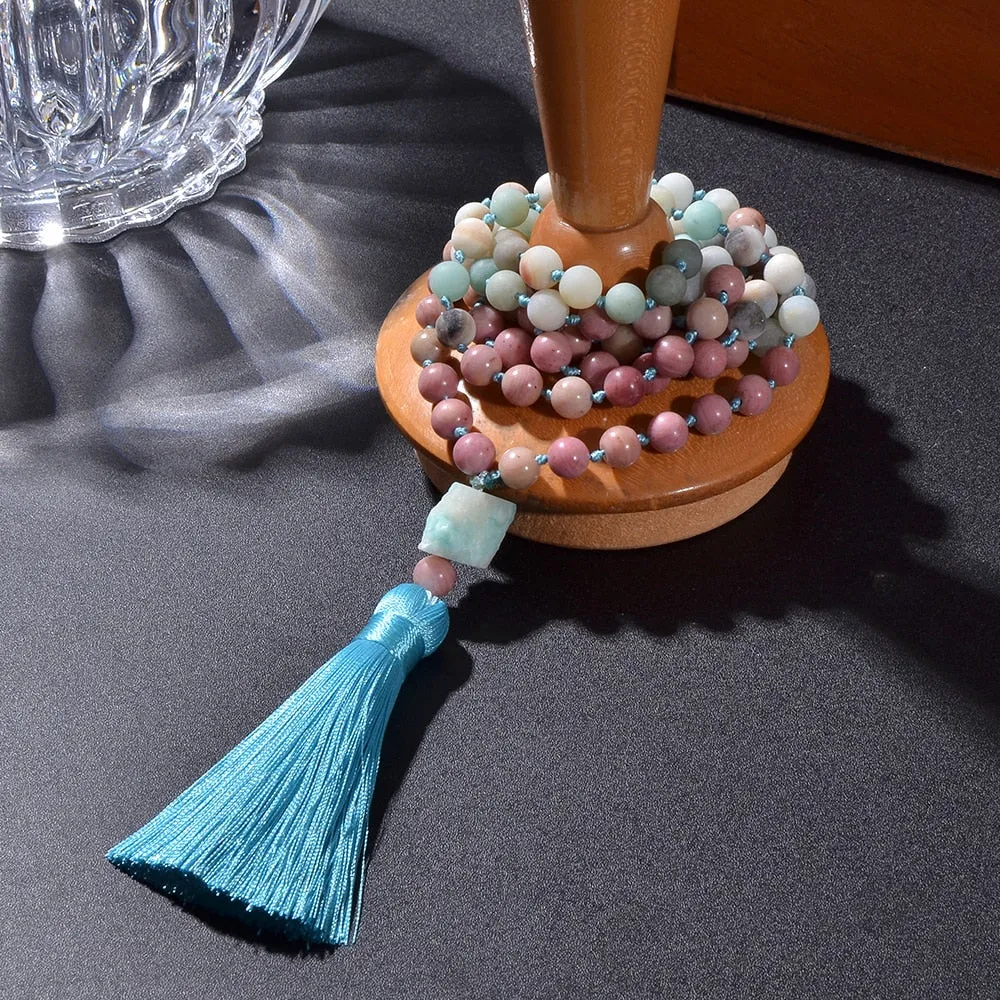 8mm Red Rhodochrosite Amazonite Beads Knotted 108 Mala Necklace