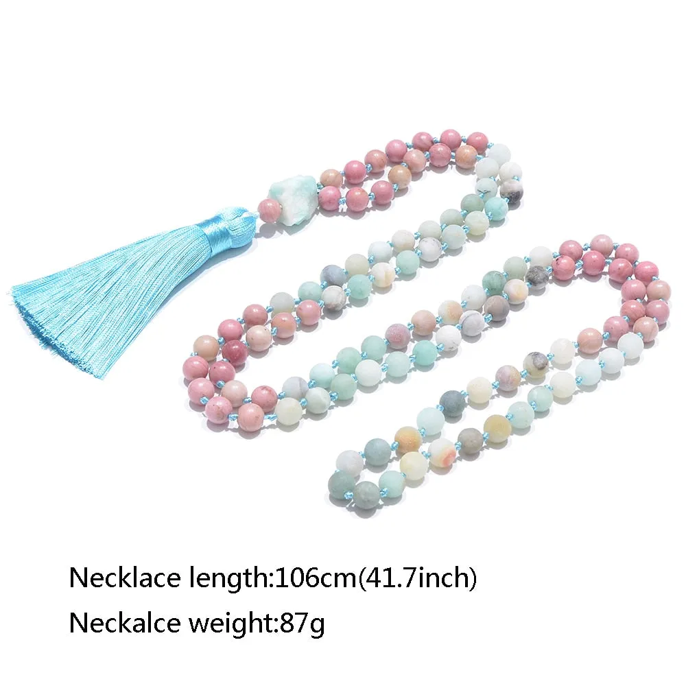 8mm Red Rhodochrosite Amazonite Beads Knotted 108 Mala Necklace