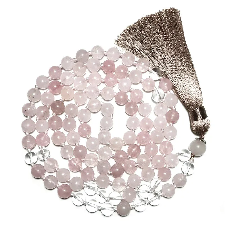 8mm Rose Quartz and Clear Crystal Beads Knotted Mala Necklace 108 Rosary Meditation
