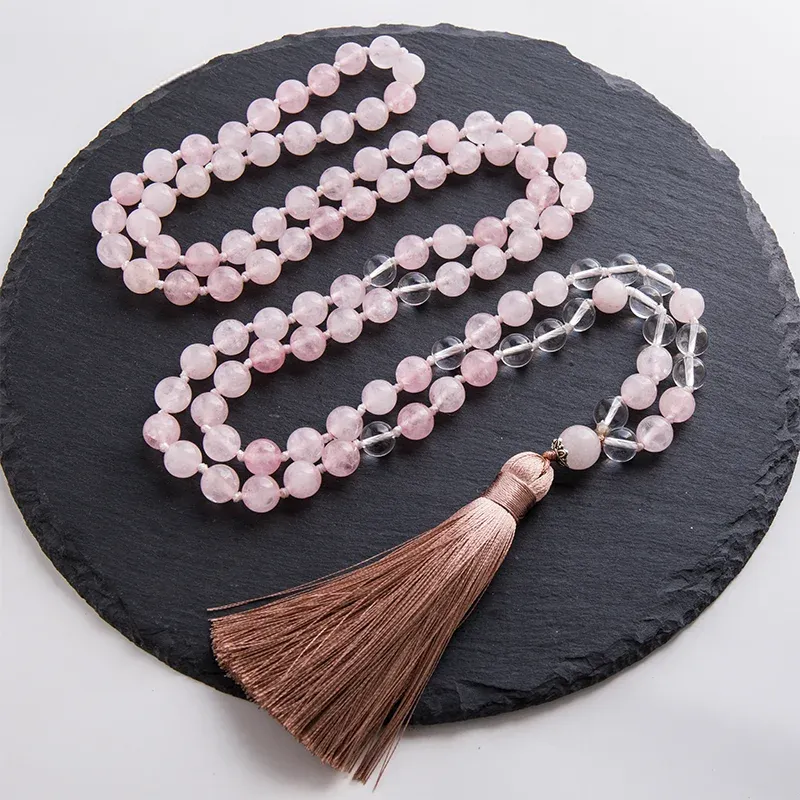 8mm Rose Quartz and Clear Crystal Beads Knotted Mala Necklace 108 Rosary Meditation