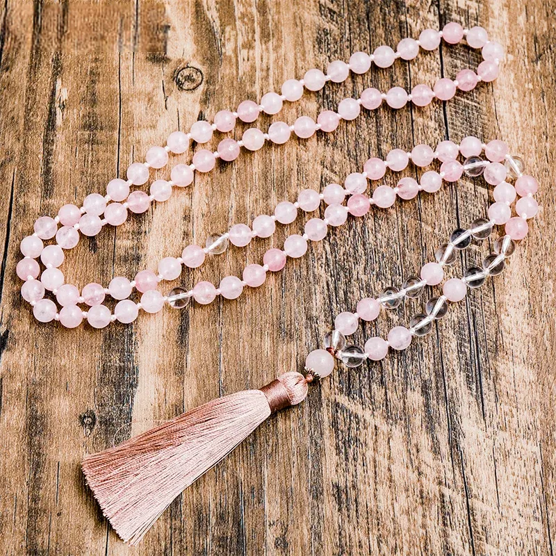8mm Rose Quartz and Clear Crystal Beads Knotted Mala Necklace 108 Rosary Meditation