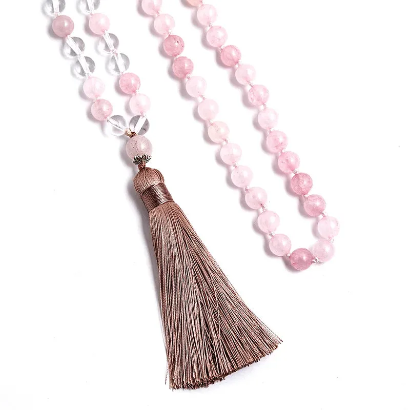 8mm Rose Quartz and Clear Crystal Beads Knotted Mala Necklace 108 Rosary Meditation