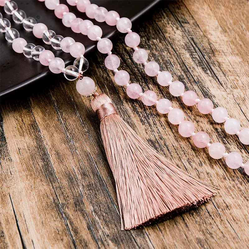 8mm Rose Quartz and Clear Crystal Beads Knotted Mala Necklace 108 Rosary Meditation