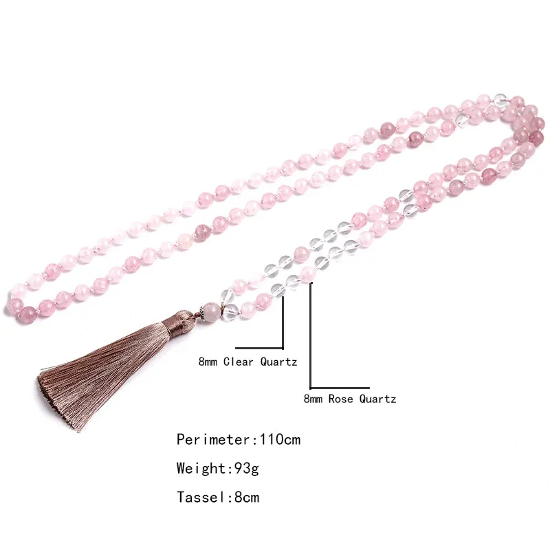 8mm Rose Quartz and Clear Crystal Beads Knotted Mala Necklace 108 Rosary Meditation