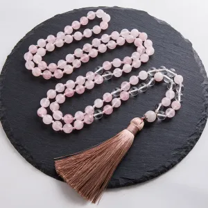 8mm Rose Quartz and Clear Crystal Beads Knotted Mala Necklace 108 Rosary Meditation