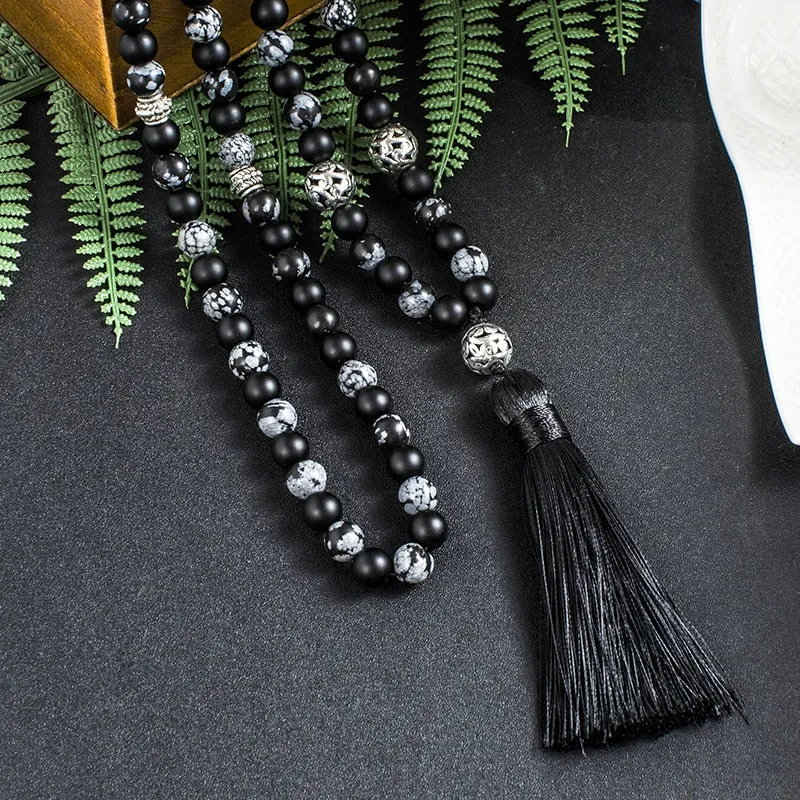 8mm Snowflake Obsidian Frosted Black Agate Beaded Japamala Necklace