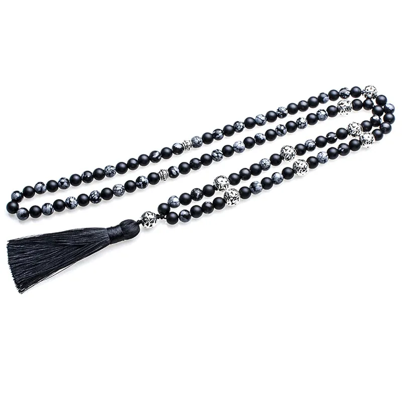 8mm Snowflake Obsidian Frosted Black Agate Beaded Japamala Necklace