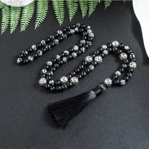 8mm Snowflake Obsidian Frosted Black Agate Beaded Japamala Necklace