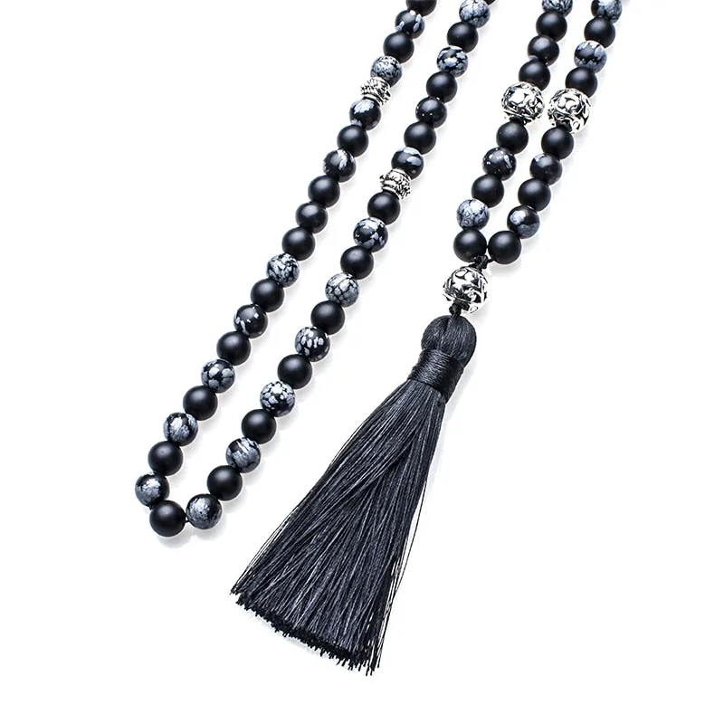 8mm Snowflake Obsidian Frosted Black Agate Beaded Japamala Necklace