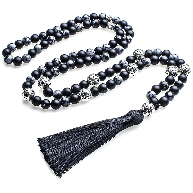 8mm Snowflake Obsidian Frosted Black Agate Beaded Japamala Necklace