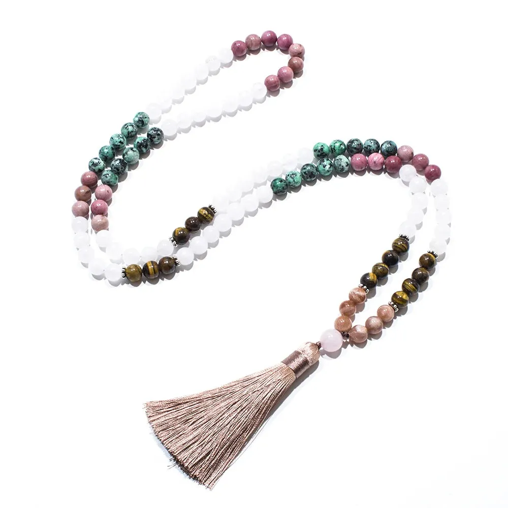 8mm White Jade Sun Stone Tiger Eye Beads 108 Mala Necklace Meditation Yoga Prayer Jewelry Japamala Set