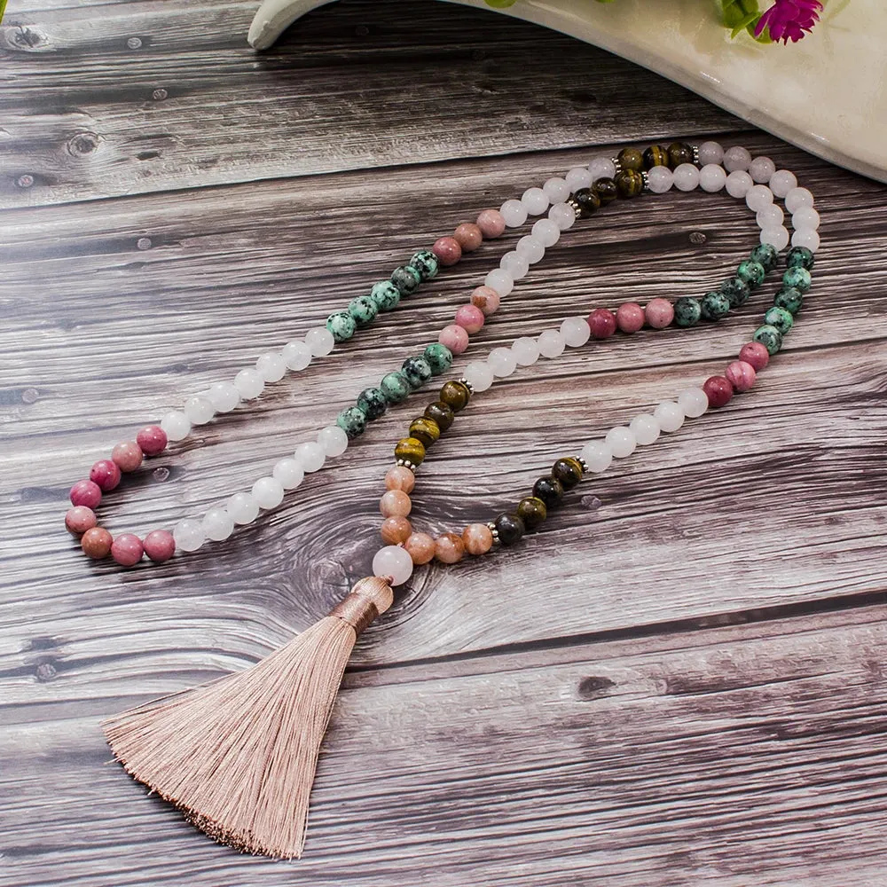 8mm White Jade Sun Stone Tiger Eye Beads 108 Mala Necklace Meditation Yoga Prayer Jewelry Japamala Set