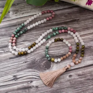 8mm White Jade Sun Stone Tiger Eye Beads 108 Mala Necklace Meditation Yoga Prayer Jewelry Japamala Set