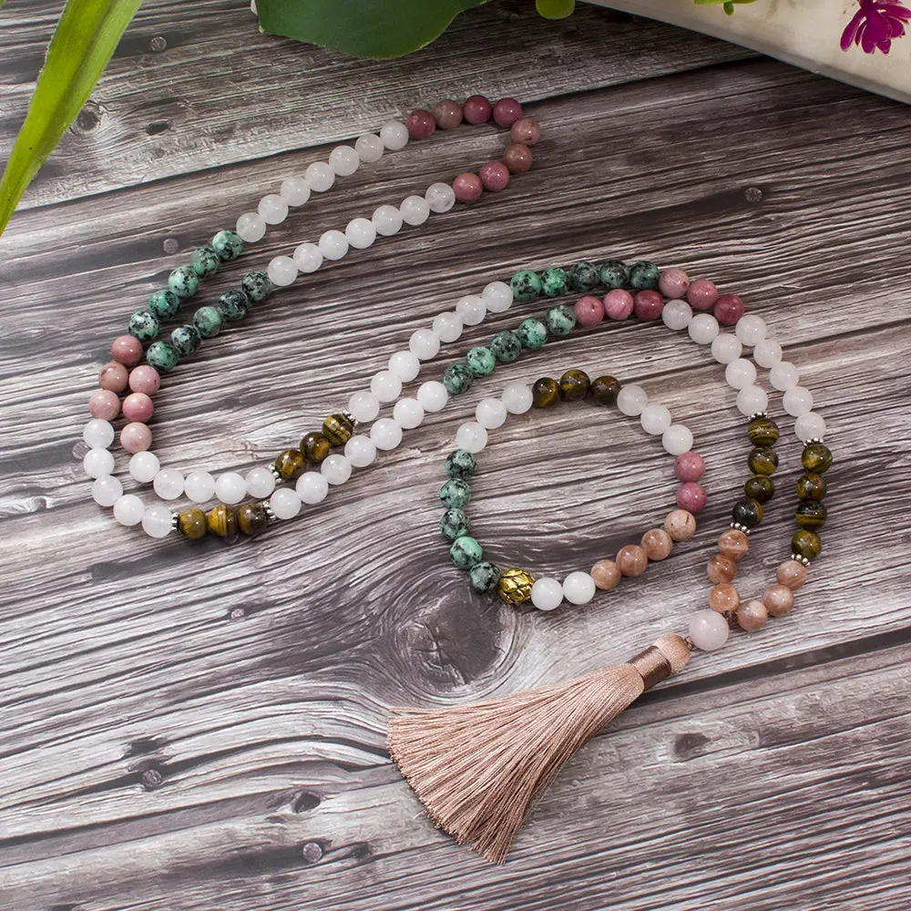 8mm White Jade Sun Stone Tiger Eye Beads 108 Mala Necklace Meditation Yoga Prayer Jewelry Japamala Set