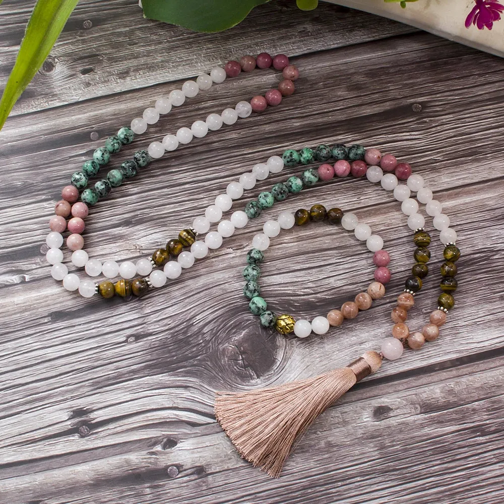 8mm White Jade Sun Stone Tiger Eye Beads 108 Mala Necklace Meditation Yoga Prayer Jewelry Japamala Set