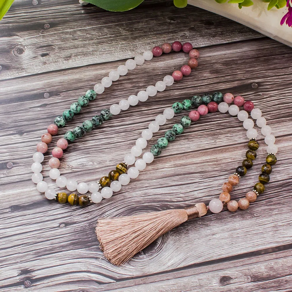 8mm White Jade Sun Stone Tiger Eye Beads 108 Mala Necklace Meditation Yoga Prayer Jewelry Japamala Set