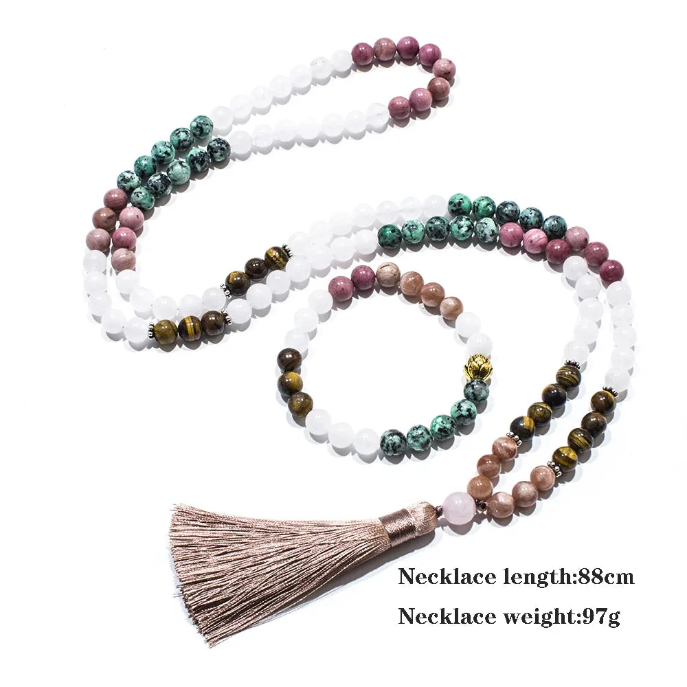 8mm White Jade Sun Stone Tiger Eye Beads 108 Mala Necklace Meditation Yoga Prayer Jewelry Japamala Set