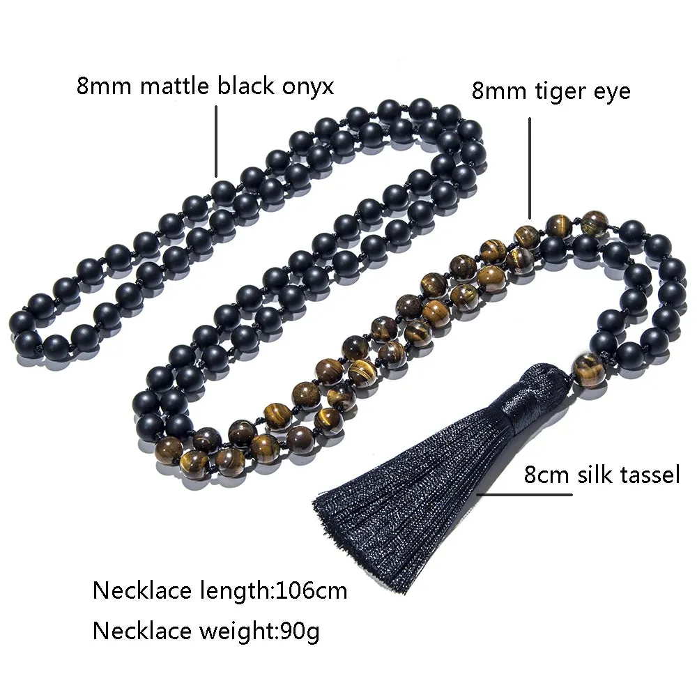 8mm Yellow Tiger Eye Matte Black Onyx Knotted 108 Mala Beads Necklace Meditation Yoga Prayer Beads