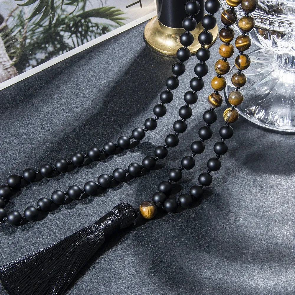 8mm Yellow Tiger Eye Matte Black Onyx Knotted 108 Mala Beads Necklace Meditation Yoga Prayer Beads