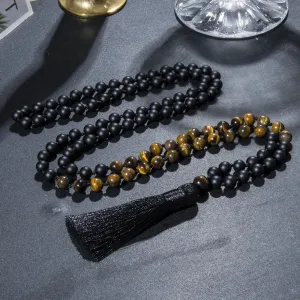 8mm Yellow Tiger Eye Matte Black Onyx Knotted 108 Mala Beads Necklace Meditation Yoga Prayer Beads