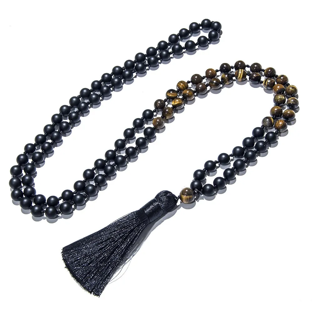 8mm Yellow Tiger Eye Matte Black Onyx Knotted 108 Mala Beads Necklace Meditation Yoga Prayer Beads