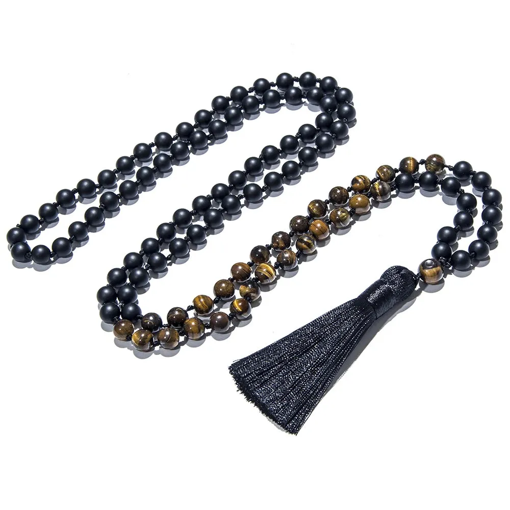 8mm Yellow Tiger Eye Matte Black Onyx Knotted 108 Mala Beads Necklace Meditation Yoga Prayer Beads